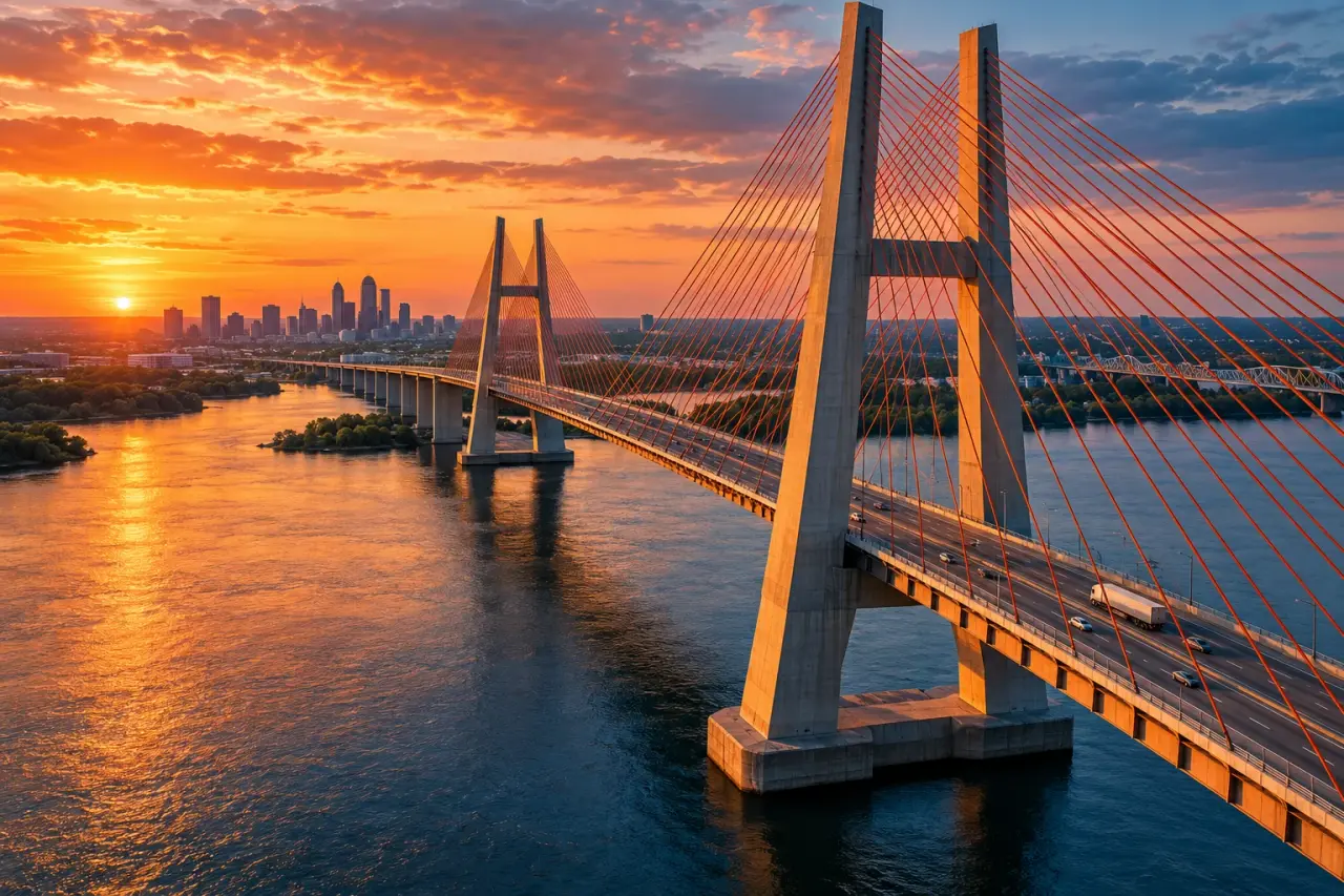 Sweeping cable-stayed bridge across a river at sunset