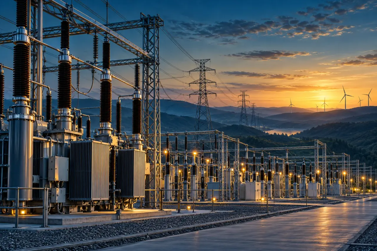 Modern energy infrastructure in a cinematic landscape